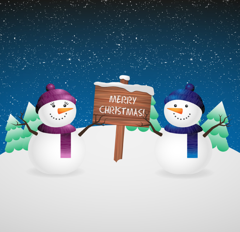 Christmas snowman with wooden sign vector material
