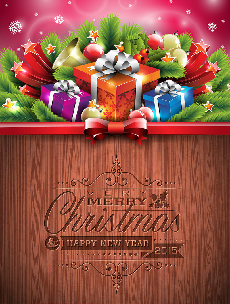 Christmas gift boxes with pine poster vector material
