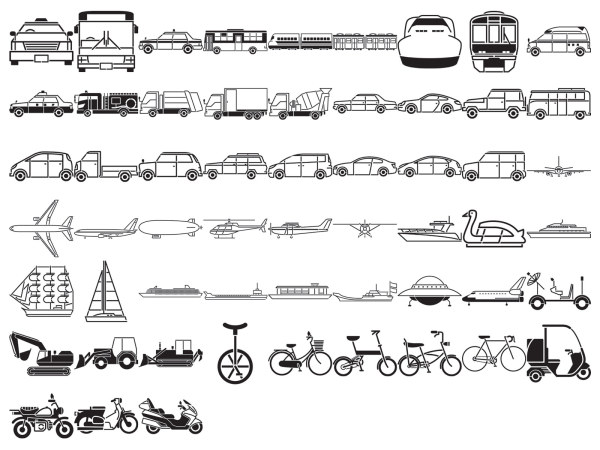 Buses, taxis, mixer, ships, space shuttles, excavators